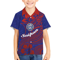 Saipan Northern Mariana Islands Family Matching Long Sleeve Bodycon Dress and Hawaiian Shirt Polynesian Tribal Tattoo Art With Hibiscus Flowers And Seal TS04 Son's Shirt Blue Red - Polynesian Pride