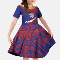Saipan Northern Mariana Islands Family Matching Mermaid Dress and Hawaiian Shirt Polynesian Tribal Tattoo Art With Hibiscus Flowers And Seal TS04 Daughter's Dress Blue Red - Polynesian Pride