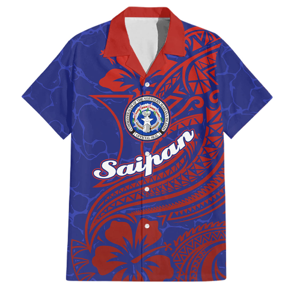 Saipan Northern Mariana Islands Family Matching Off Shoulder Maxi Dress and Hawaiian Shirt Polynesian Tribal Tattoo Art With Hibiscus Flowers And Seal TS04 Dad's Shirt - Short Sleeve Blue Red - Polynesian Pride