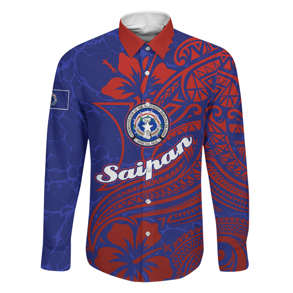 Saipan Northern Mariana Islands Family Matching Off Shoulder Maxi Dress and Hawaiian Shirt Polynesian Tribal Tattoo Art With Hibiscus Flowers And Seal TS04 Dad's Shirt - Long Sleeve Blue Red - Polynesian Pride