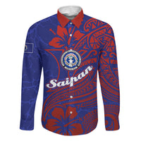 Saipan Northern Mariana Islands Family Matching Off Shoulder Maxi Dress and Hawaiian Shirt Polynesian Tribal Tattoo Art With Hibiscus Flowers And Seal TS04 Dad's Shirt - Long Sleeve Blue Red - Polynesian Pride