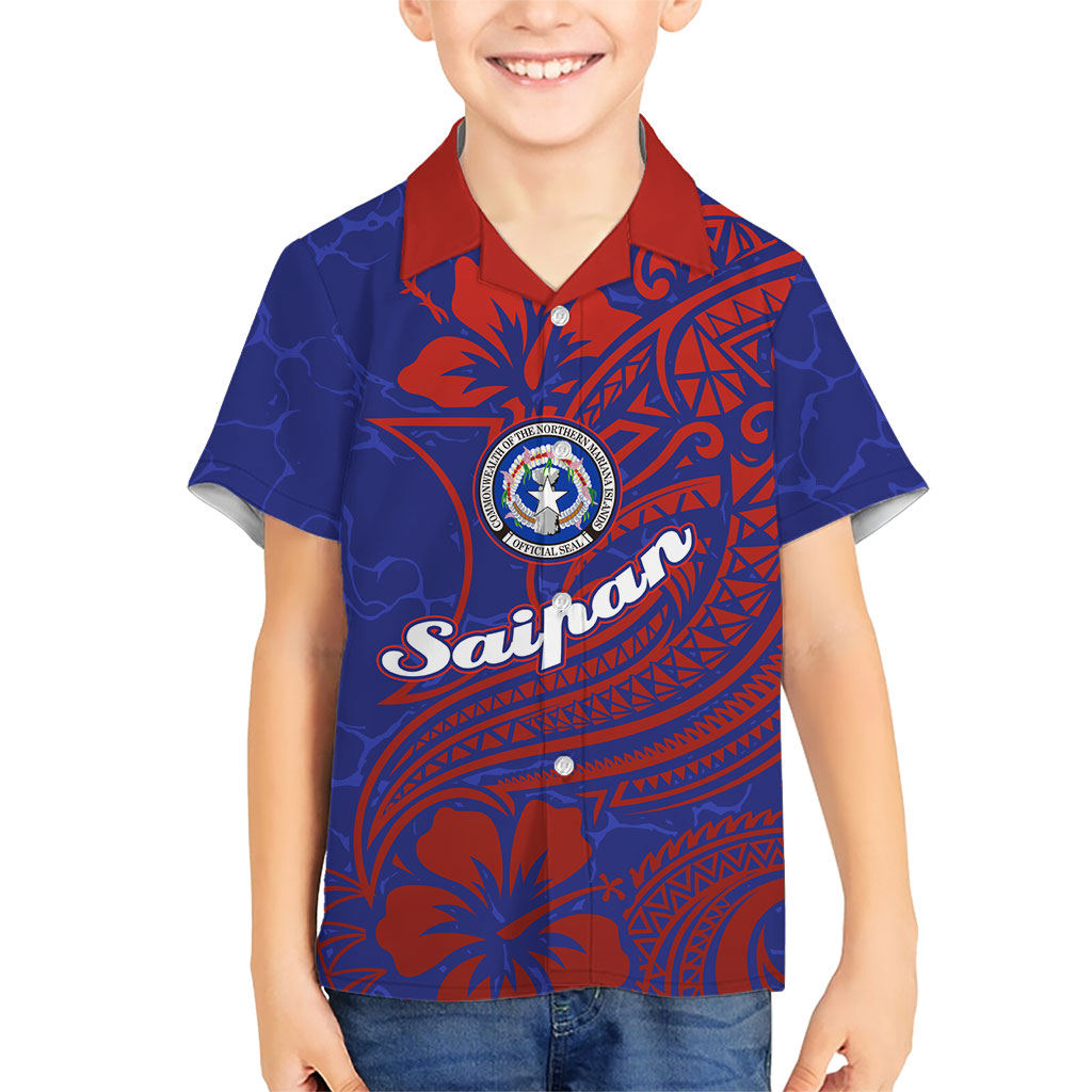 Saipan Northern Mariana Islands Family Matching Puletasi and Hawaiian Shirt Polynesian Tribal Tattoo Art With Hibiscus Flowers And Seal TS04 Son's Shirt Blue Red - Polynesian Pride