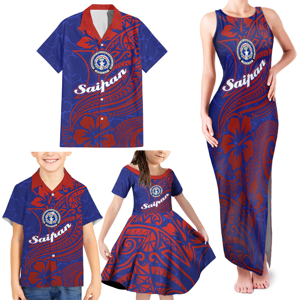 Saipan Northern Mariana Islands Family Matching Tank Maxi Dress and Hawaiian Shirt Polynesian Tribal Tattoo Art With Hibiscus Flowers And Seal