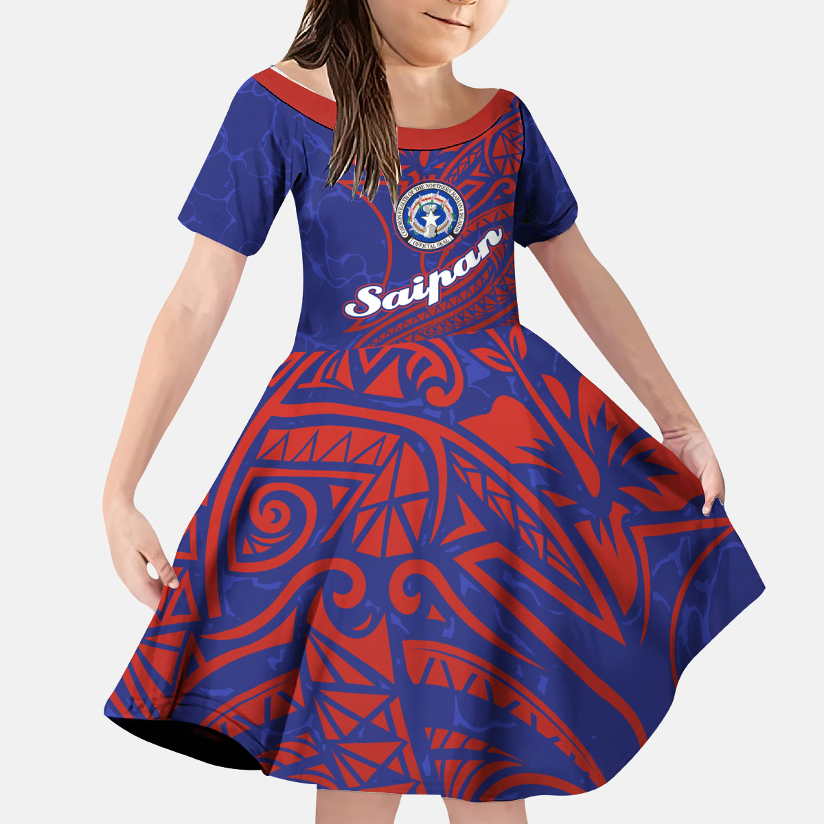 Saipan Northern Mariana Islands Kid Short Sleeve Dress Polynesian Tribal Tattoo Art With Hibiscus Flowers And Seal TS04 KID Blue Red - Polynesian Pride