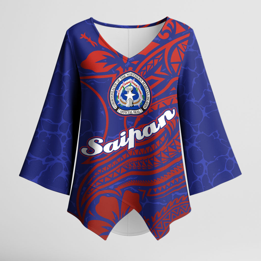 Saipan Northern Mariana Islands Kimono Sleeve Blouse Polynesian Tribal Tattoo Art With Hibiscus Flowers And Seal TS04 Female Blue Red - Polynesian Pride