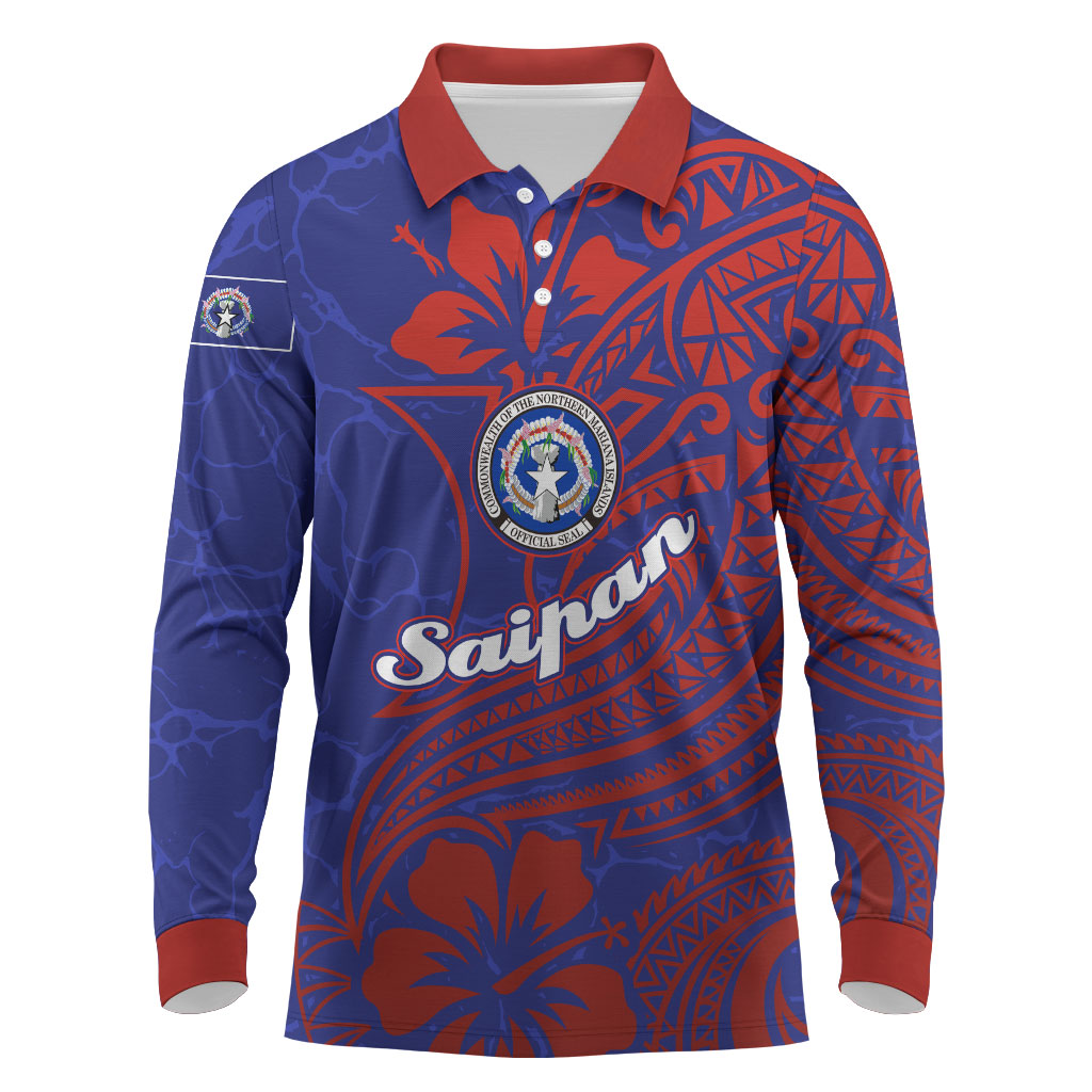 Saipan Northern Mariana Islands Long Sleeve Polo Shirt Polynesian Tribal Tattoo Art With Hibiscus Flowers And Seal