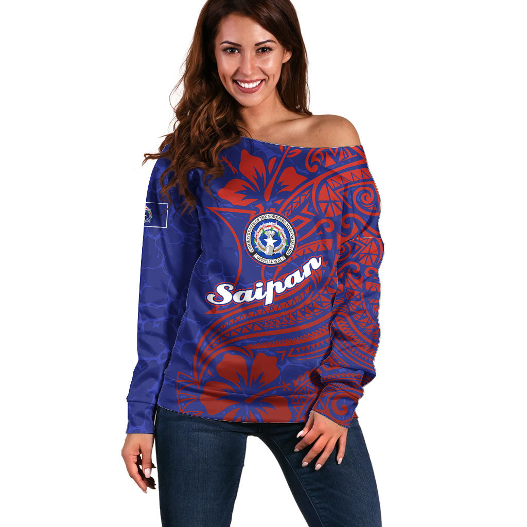 Saipan Northern Mariana Islands Off Shoulder Sweater Polynesian Tribal Tattoo Art With Hibiscus Flowers And Seal