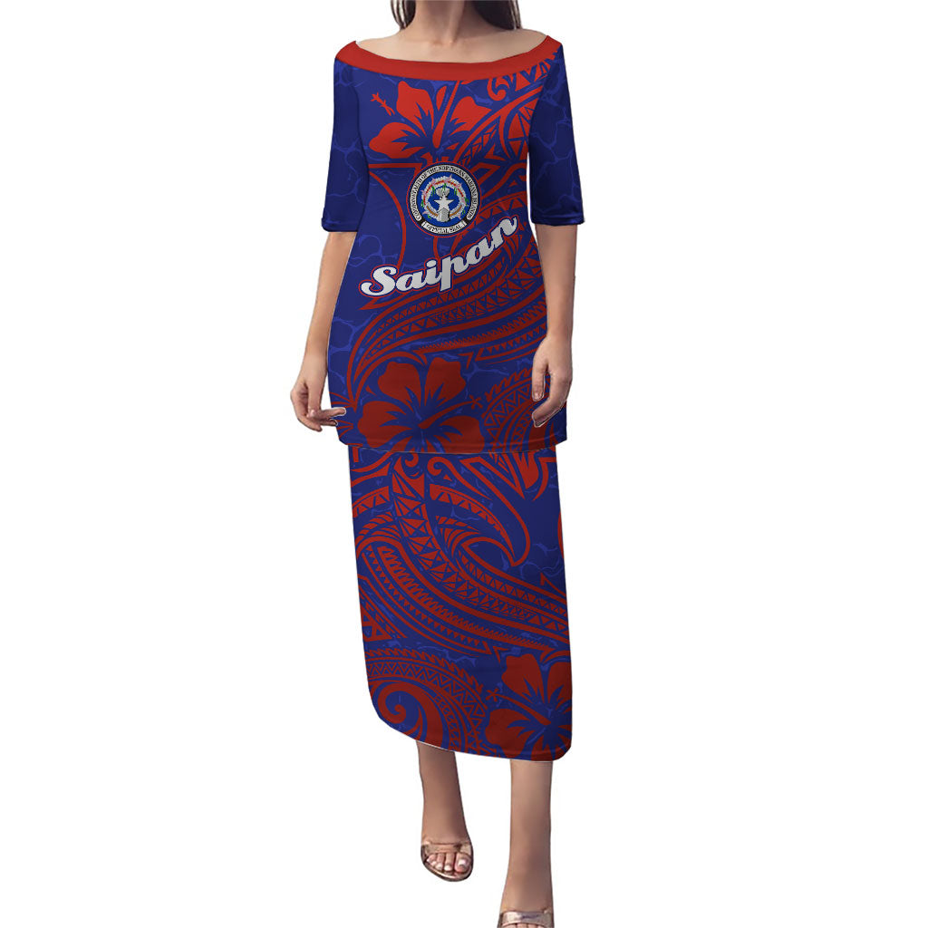 Saipan Northern Mariana Islands Puletasi Polynesian Tribal Tattoo Art With Hibiscus Flowers And Seal TS04 Long Dress Blue Red - Polynesian Pride