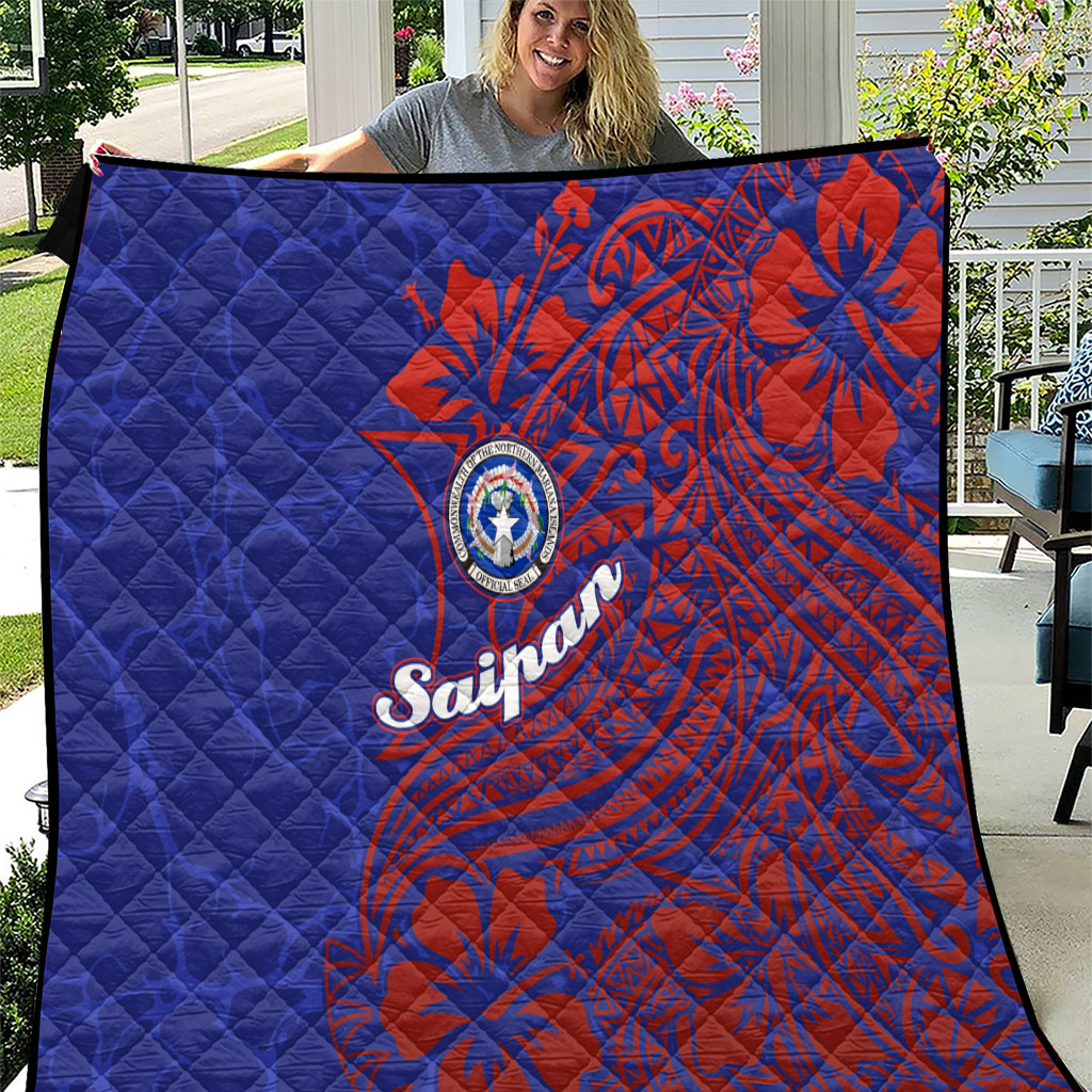 Saipan Northern Mariana Islands Quilt Polynesian Tribal Tattoo Art With Hibiscus Flowers And Seal TS04 Blue Red - Polynesian Pride