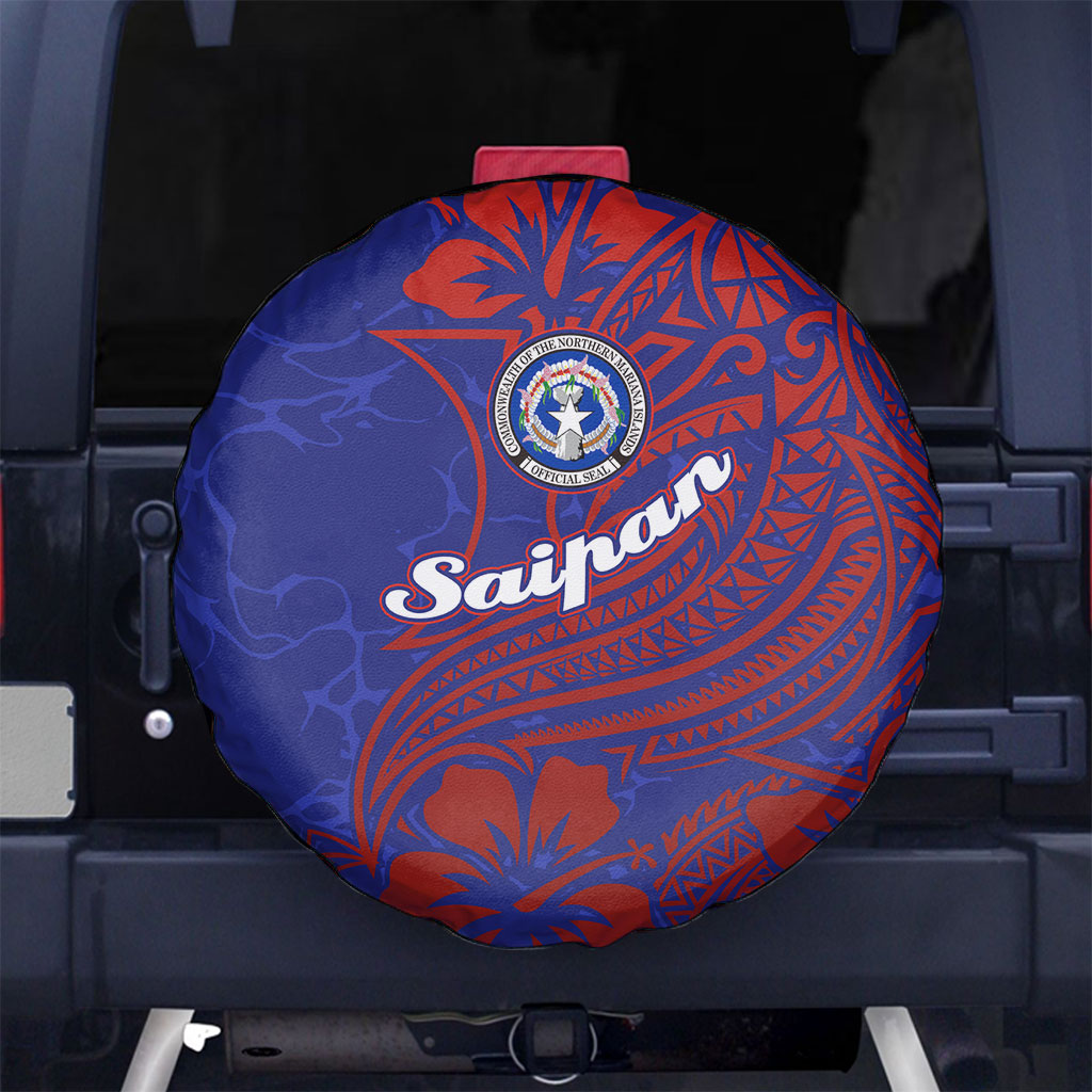 Saipan Northern Mariana Islands Spare Tire Cover Polynesian Tribal Tattoo Art With Hibiscus Flowers And Seal TS04 No hole Blue Red - Polynesian Pride