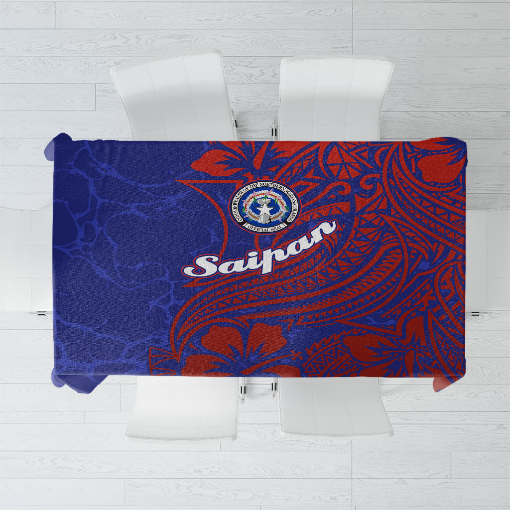 Saipan Northern Mariana Islands Tablecloth Polynesian Tribal Tattoo Art With Hibiscus Flowers And Seal TS04 Blue Red - Polynesian Pride