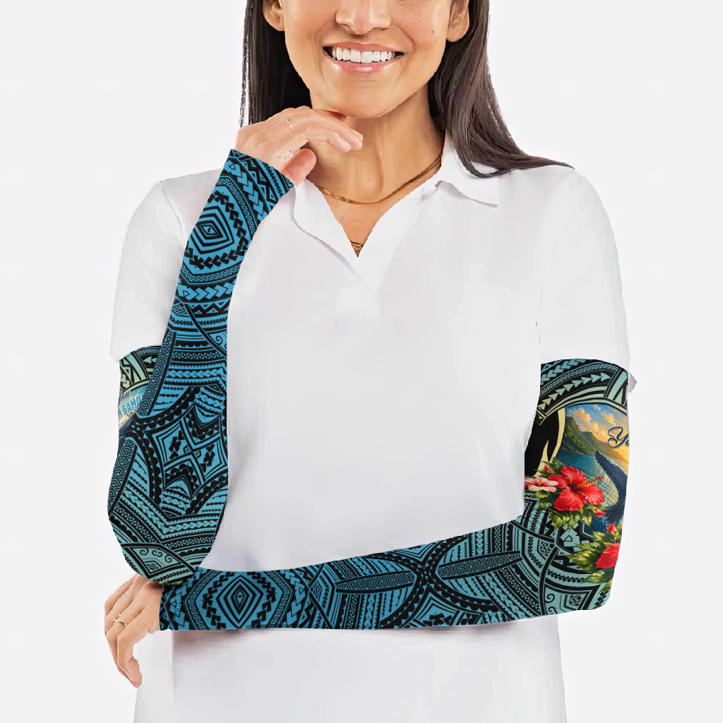 Personalized Masefau American Samoa Whale Arm Sleeves Polynesian Tribal Pattern Tropical Hibiscus