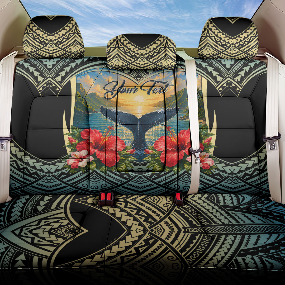 Personalized Masefau American Samoa Whale Back Car Seat Cover Polynesian Tribal Pattern Tropical Hibiscus