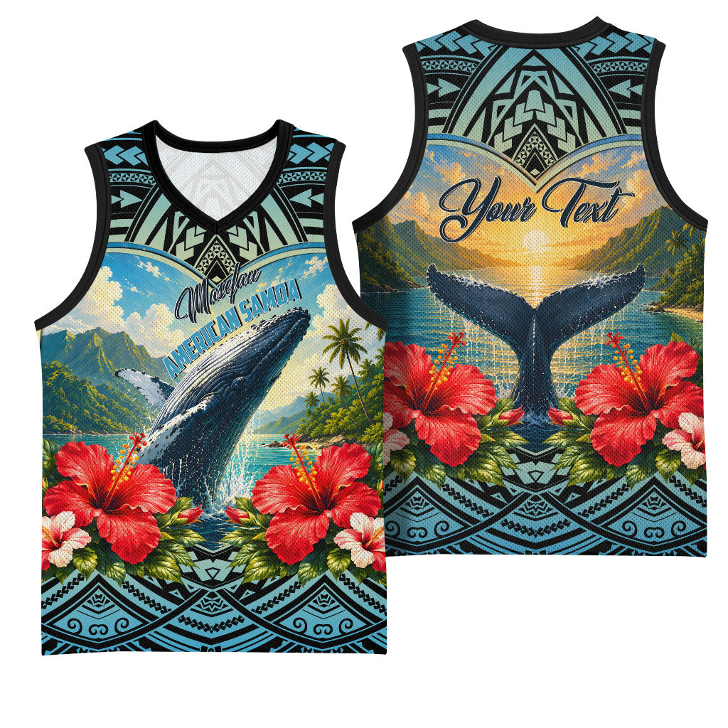 Personalized Masefau American Samoa Whale Basketball Jersey Polynesian Tribal Pattern Tropical Hibiscus