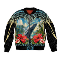 Personalized Masefau American Samoa Whale Bomber Jacket Polynesian Tribal Pattern Tropical Hibiscus
