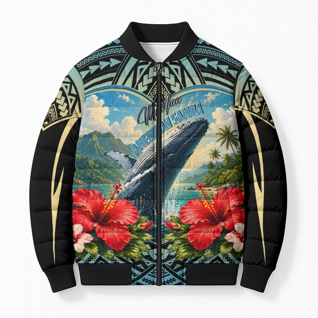 Personalized Masefau American Samoa Whale Bomber Puffer Jacket Polynesian Tribal Pattern Tropical Hibiscus TS04 Unisex Black Blue - Polynesian Pride