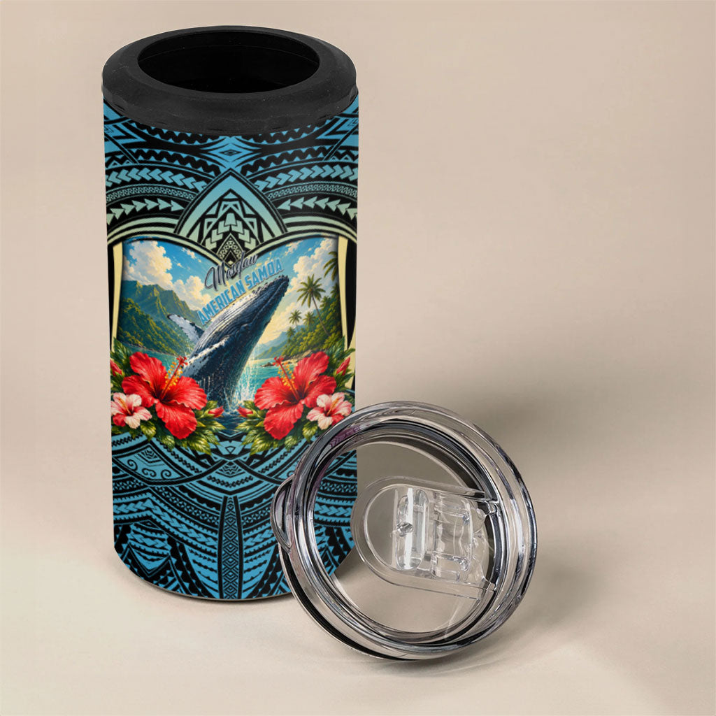 Personalized Masefau American Samoa Whale 4 in 1 Can Cooler Tumbler Polynesian Tribal Pattern Tropical Hibiscus