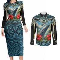 Personalized Masefau American Samoa Whale Couples Matching Long Sleeve Bodycon Dress and Long Sleeve Button Shirt Polynesian Tribal Pattern Tropical Hibiscus