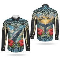 Personalized Masefau American Samoa Whale Couples Matching Long Sleeve Bodycon Dress and Long Sleeve Button Shirt Polynesian Tribal Pattern Tropical Hibiscus