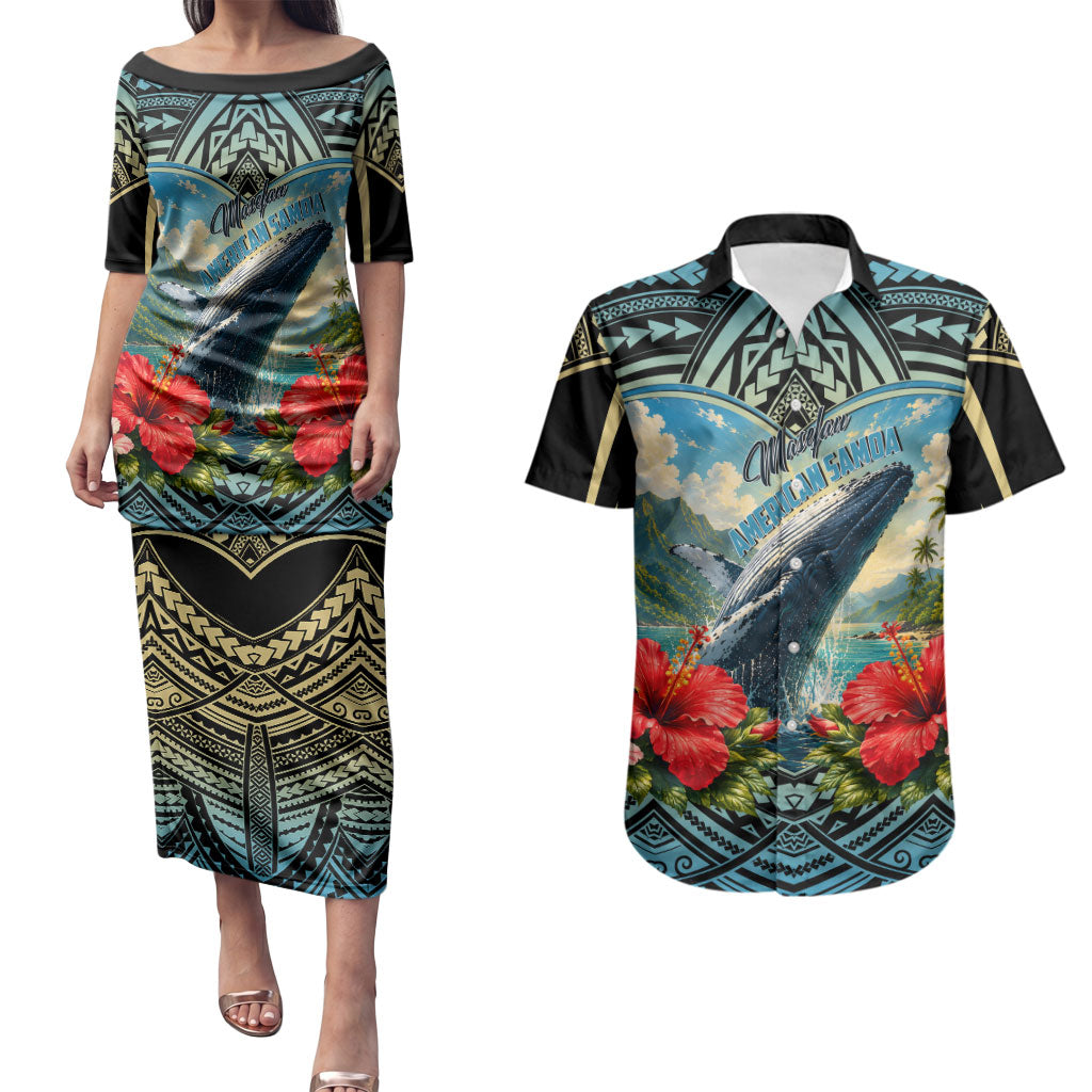 Personalized Masefau American Samoa Whale Couples Matching Puletasi and Hawaiian Shirt Polynesian Tribal Pattern Tropical Hibiscus
