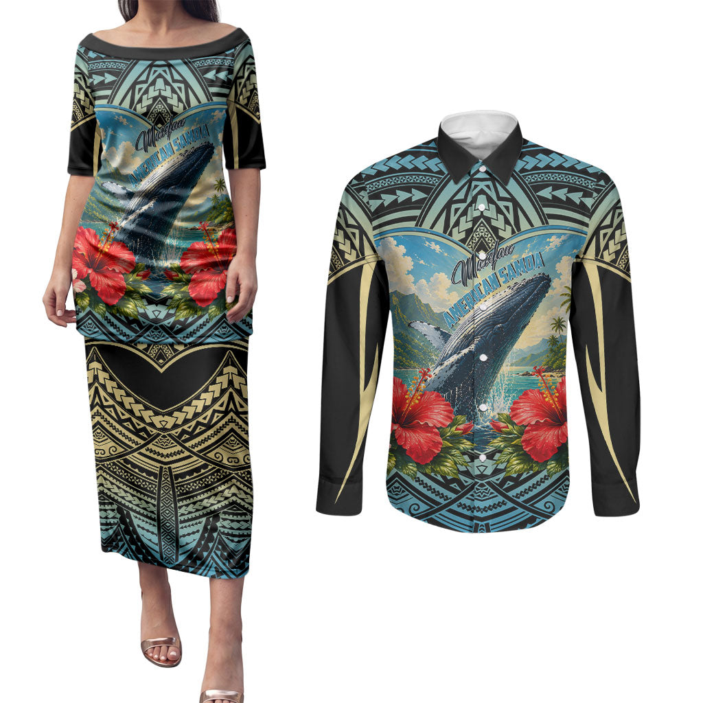 Personalized Masefau American Samoa Whale Couples Matching Puletasi and Long Sleeve Button Shirt Polynesian Tribal Pattern Tropical Hibiscus