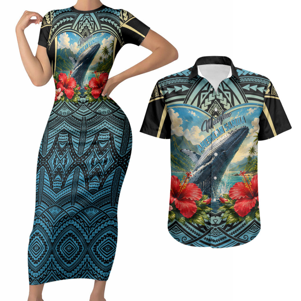 Personalized Masefau American Samoa Whale Couples Matching Short Sleeve Bodycon Dress and Hawaiian Shirt Polynesian Tribal Pattern Tropical Hibiscus TS04 Black Blue - Polynesian Pride