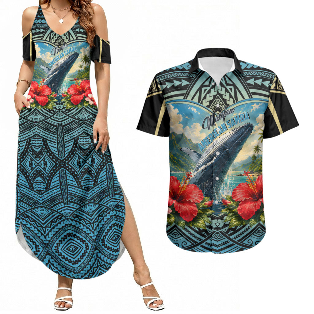 Personalized Masefau American Samoa Whale Couples Matching Summer Maxi Dress and Hawaiian Shirt Polynesian Tribal Pattern Tropical Hibiscus TS04 Black Blue - Polynesian Pride
