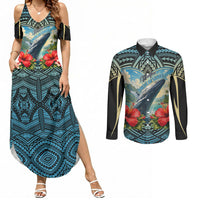 Personalized Masefau American Samoa Whale Couples Matching Summer Maxi Dress and Long Sleeve Button Shirt Polynesian Tribal Pattern Tropical Hibiscus