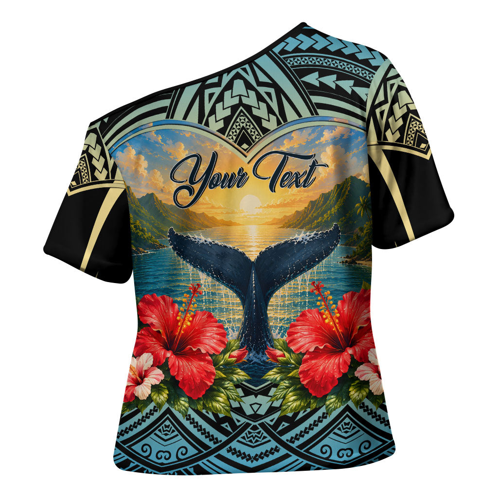 Personalized Masefau American Samoa Whale Cross Shoulder Shirt Polynesian Tribal Pattern Tropical Hibiscus