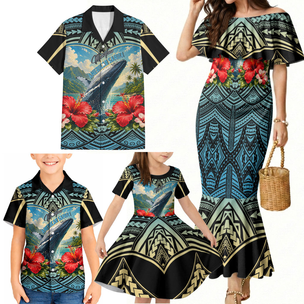 Personalized Masefau American Samoa Whale Family Matching Mermaid Dress and Hawaiian Shirt Polynesian Tribal Pattern Tropical Hibiscus