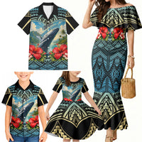 Personalized Masefau American Samoa Whale Family Matching Mermaid Dress and Hawaiian Shirt Polynesian Tribal Pattern Tropical Hibiscus