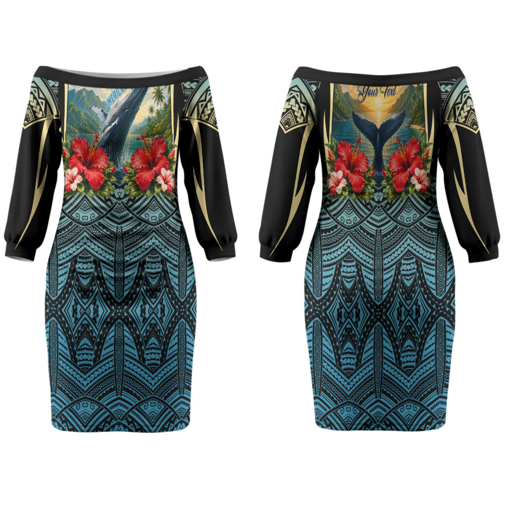 Personalized Masefau American Samoa Whale Family Matching Off The Shoulder Long Sleeve Dress and Hawaiian Shirt Polynesian Tribal Pattern Tropical Hibiscus