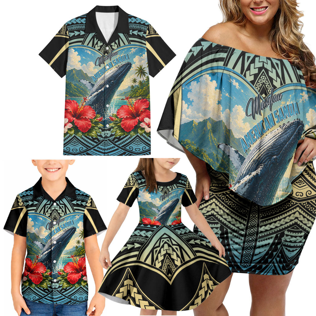 Personalized Masefau American Samoa Whale Family Matching Off Shoulder Short Dress and Hawaiian Shirt Polynesian Tribal Pattern Tropical Hibiscus