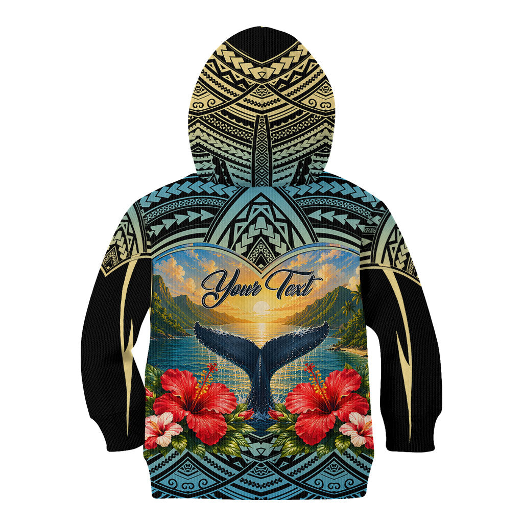 Personalized Masefau American Samoa Whale Kid Hoodie Polynesian Tribal Pattern Tropical Hibiscus
