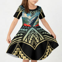 Personalized Masefau American Samoa Whale Kid Short Sleeve Dress Polynesian Tribal Pattern Tropical Hibiscus