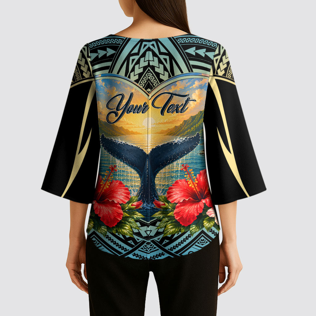 Personalized Masefau American Samoa Whale Kimono Sleeve Blouse Polynesian Tribal Pattern Tropical Hibiscus