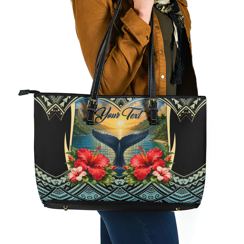Personalized Masefau American Samoa Whale Leather Tote Bag Polynesian Tribal Pattern Tropical Hibiscus