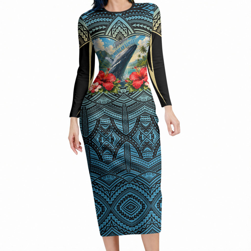 Personalized Masefau American Samoa Whale Long Sleeve Bodycon Dress Polynesian Tribal Pattern Tropical Hibiscus