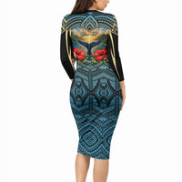 Personalized Masefau American Samoa Whale Long Sleeve Bodycon Dress Polynesian Tribal Pattern Tropical Hibiscus