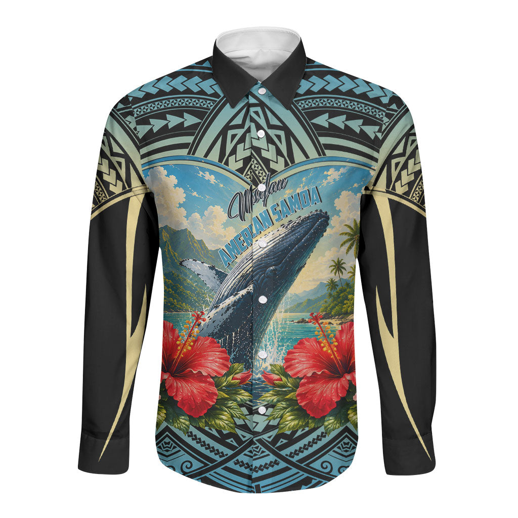 Personalized Masefau American Samoa Whale Long Sleeve Button Shirt Polynesian Tribal Pattern Tropical Hibiscus