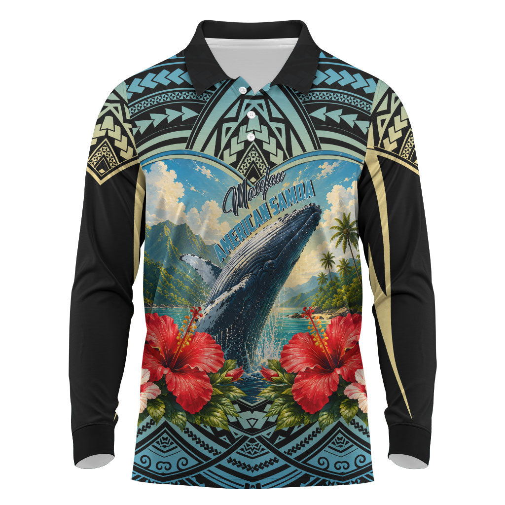 Personalized Masefau American Samoa Whale Long Sleeve Polo Shirt Polynesian Tribal Pattern Tropical Hibiscus
