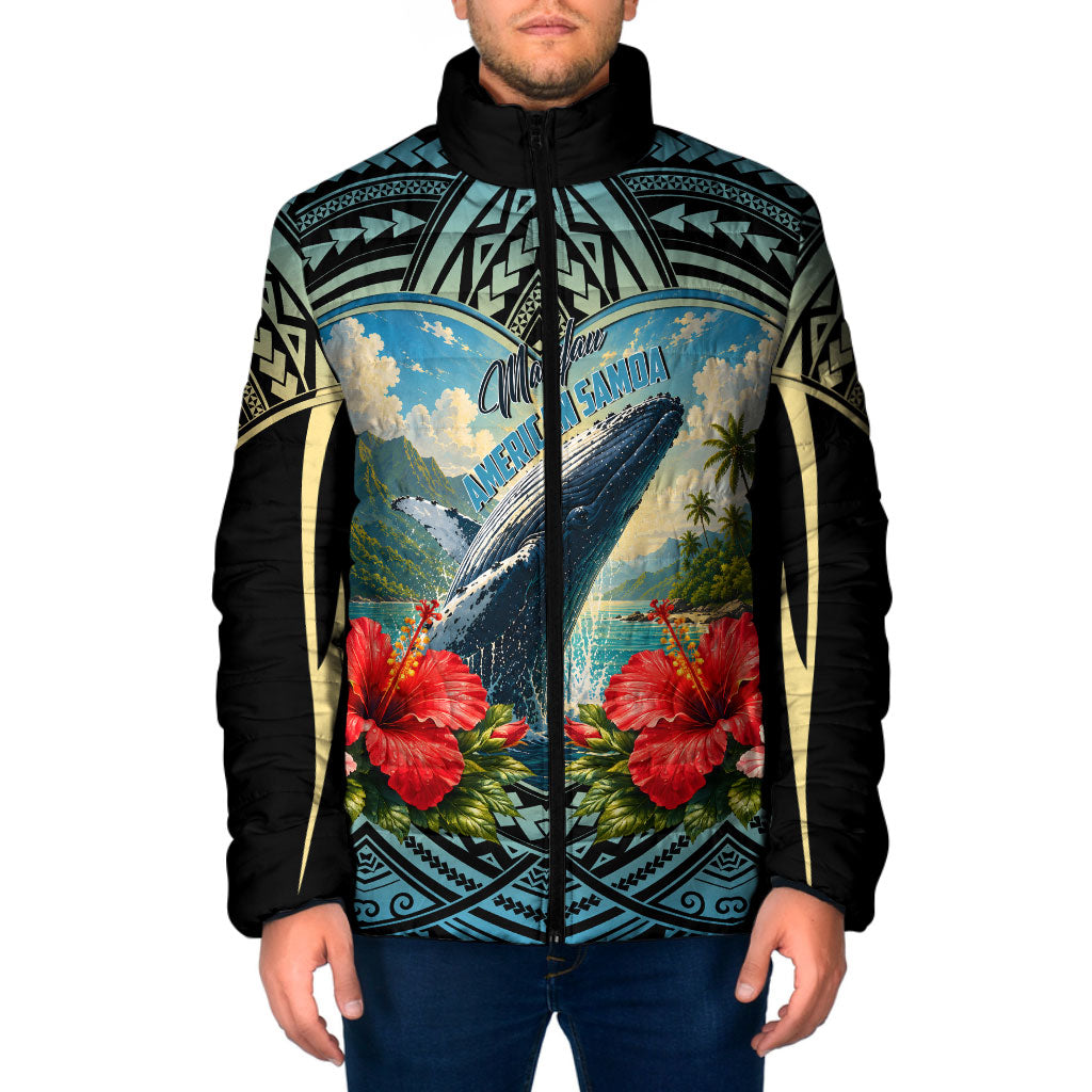 Personalized Masefau American Samoa Whale Padded Jacket Polynesian Tribal Pattern Tropical Hibiscus TS04 Men Black Blue - Polynesian Pride
