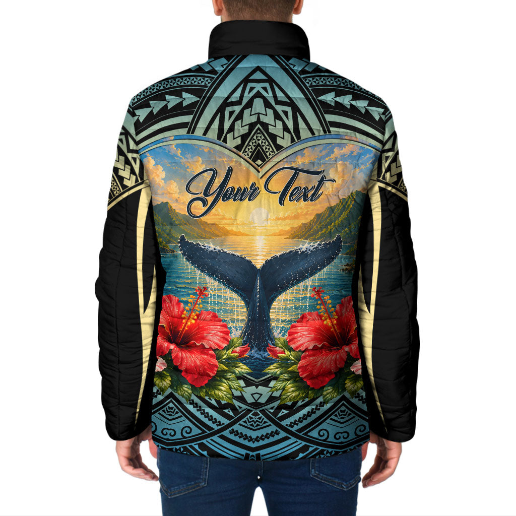Personalized Masefau American Samoa Whale Padded Jacket Polynesian Tribal Pattern Tropical Hibiscus