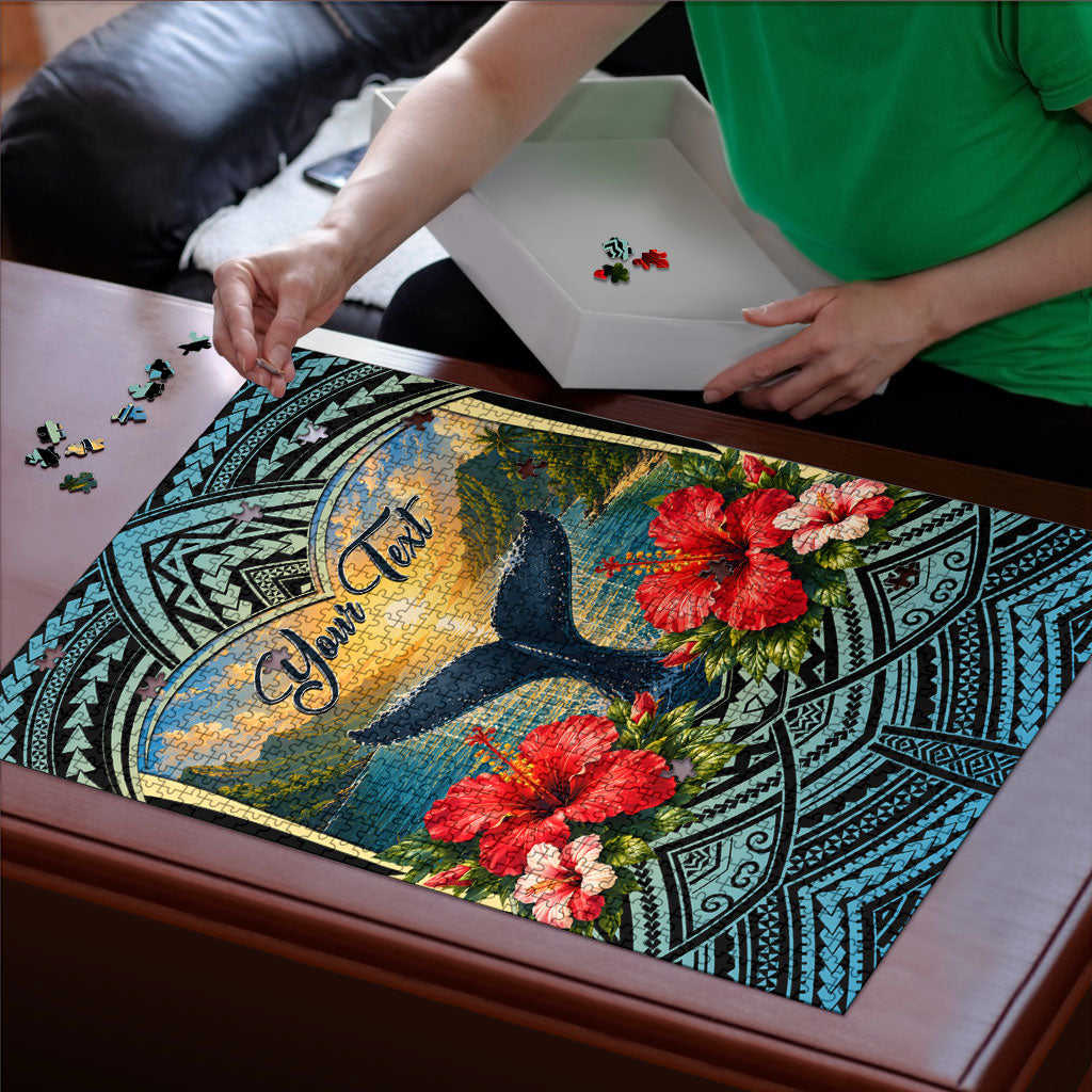 Personalized Masefau American Samoa Whale Puzzle Polynesian Tribal Pattern Tropical Hibiscus