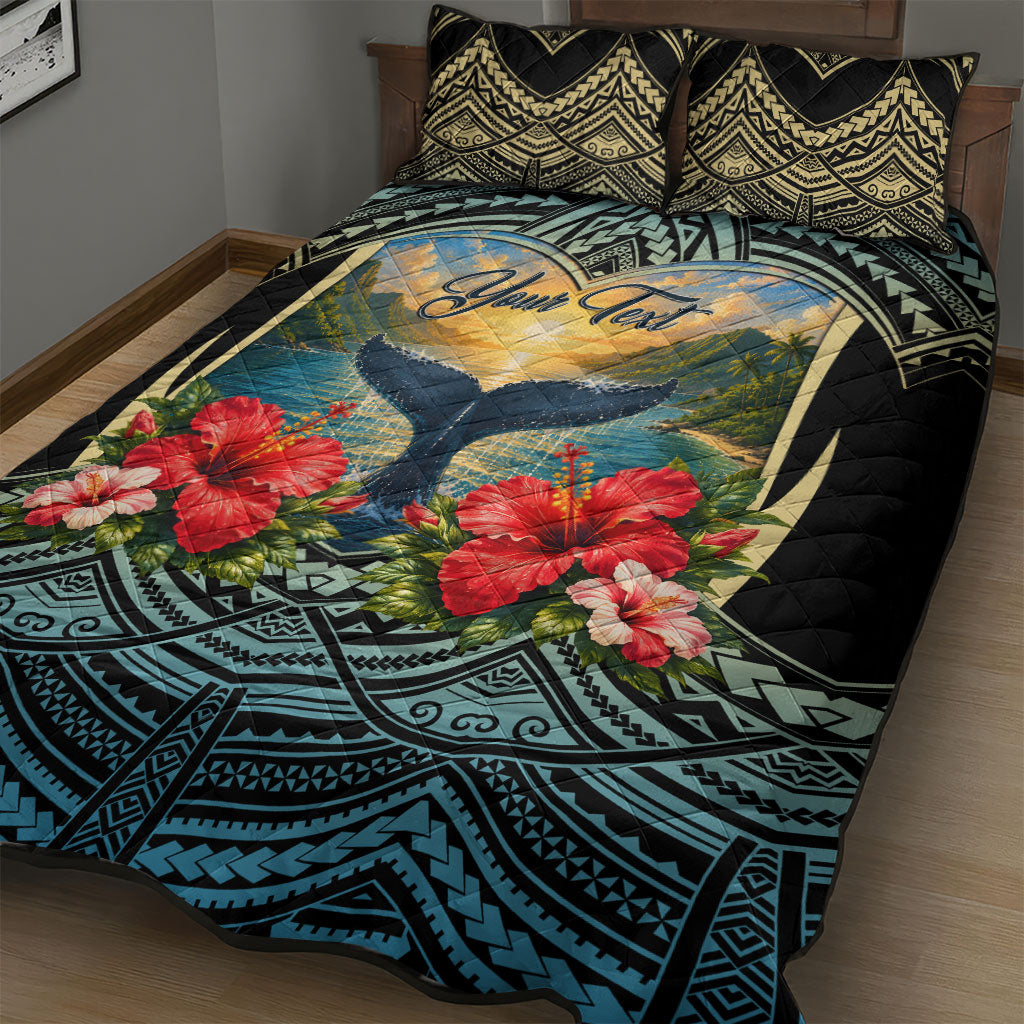 Personalized Masefau American Samoa Whale Quilt Bed Set Polynesian Tribal Pattern Tropical Hibiscus