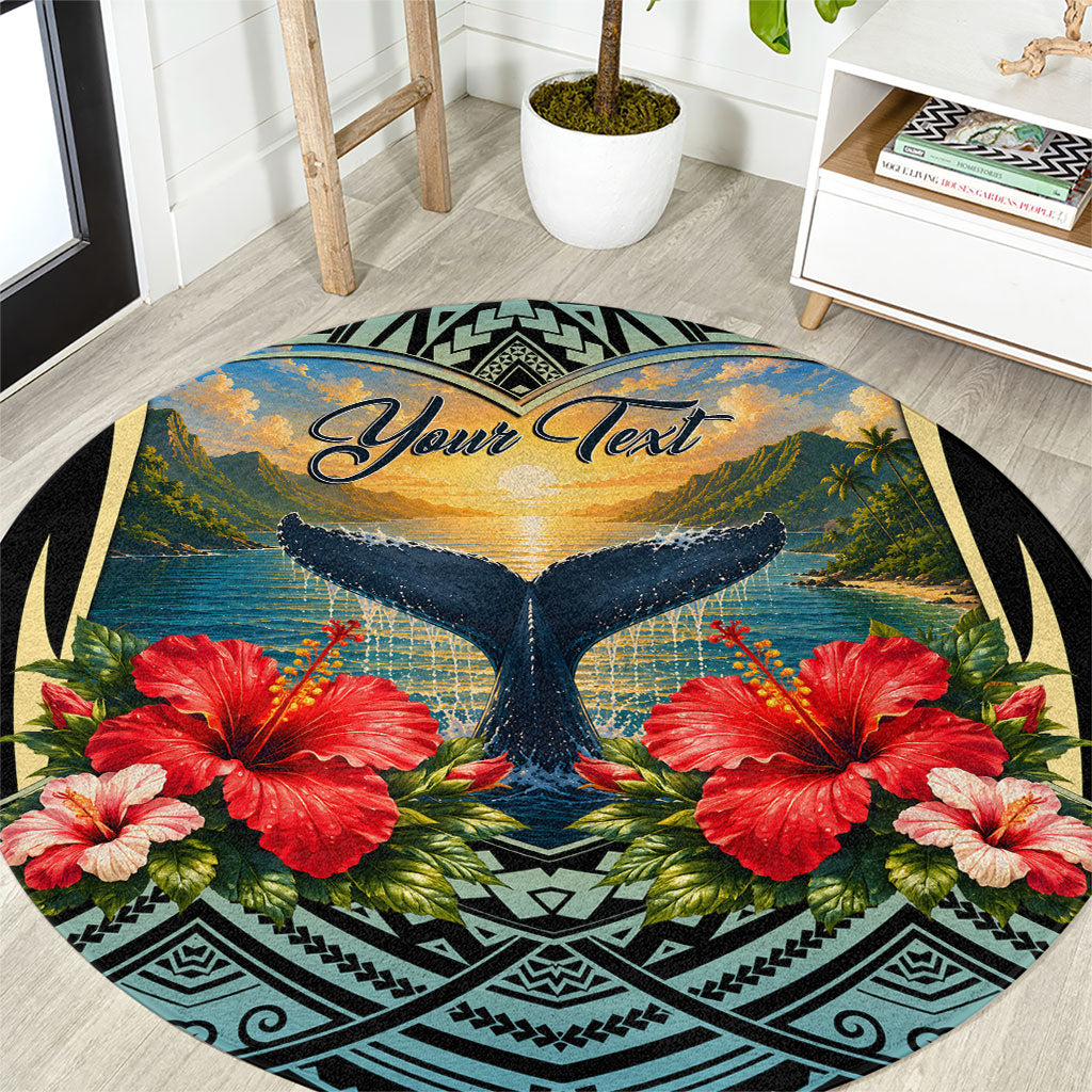 Personalized Masefau American Samoa Whale Round Carpet Polynesian Tribal Pattern Tropical Hibiscus