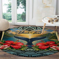 Personalized Masefau American Samoa Whale Round Carpet Polynesian Tribal Pattern Tropical Hibiscus