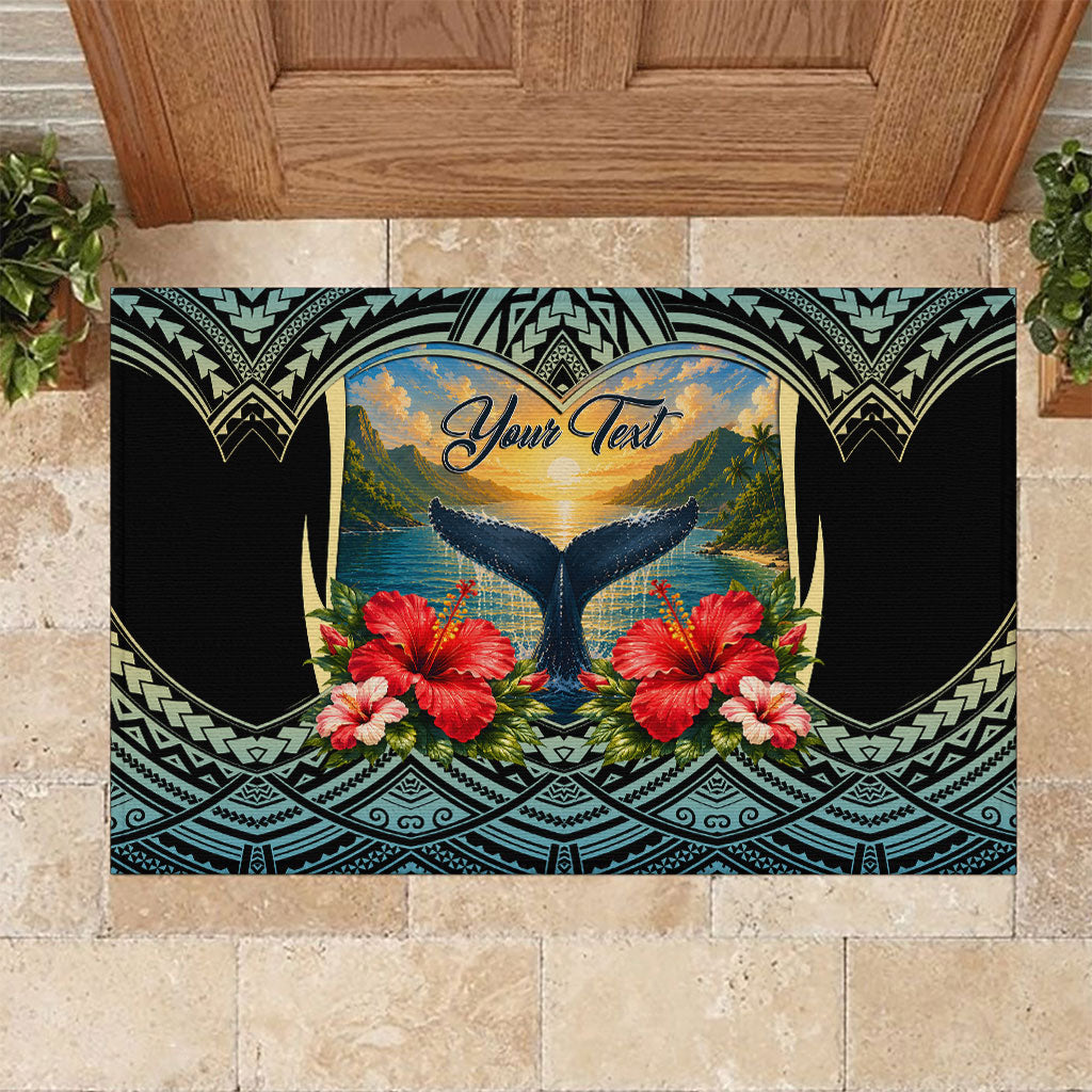 Personalized Masefau American Samoa Whale Rubber Doormat Polynesian Tribal Pattern Tropical Hibiscus TS04 Black Blue - Polynesian Pride