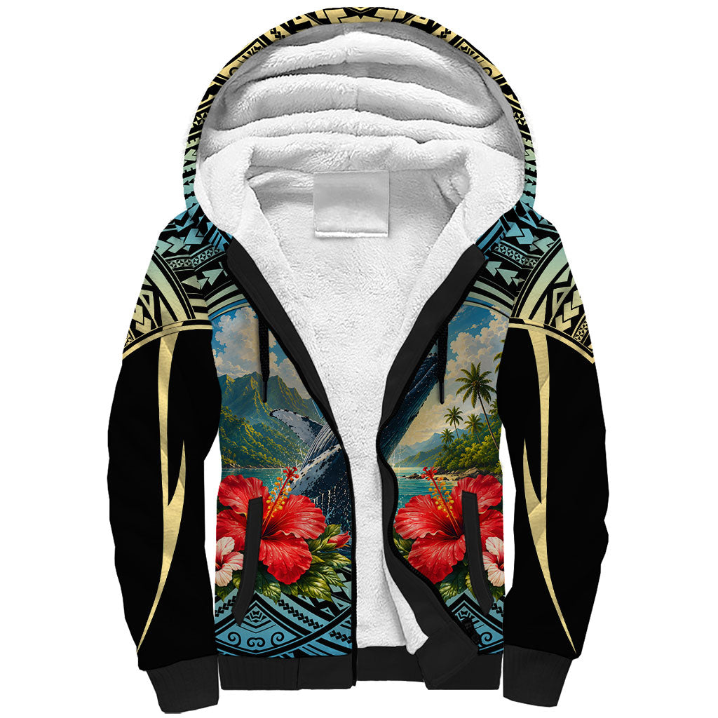 Personalized Masefau American Samoa Whale Sherpa Hoodie Polynesian Tribal Pattern Tropical Hibiscus