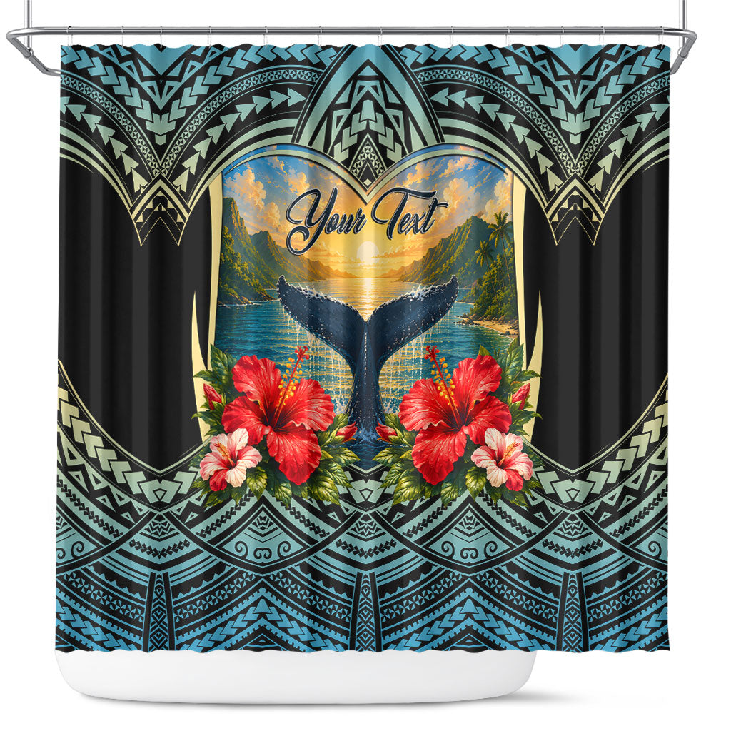 Personalized Masefau American Samoa Whale Shower Curtain Polynesian Tribal Pattern Tropical Hibiscus TS04 Black Blue - Polynesian Pride